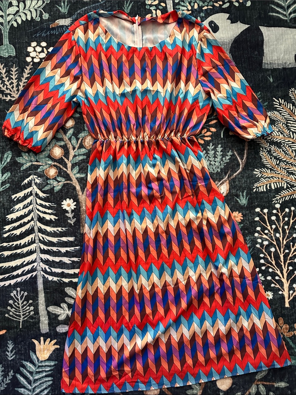 Vibrant Chevron Midi Dress in Red, Blue & Cream
